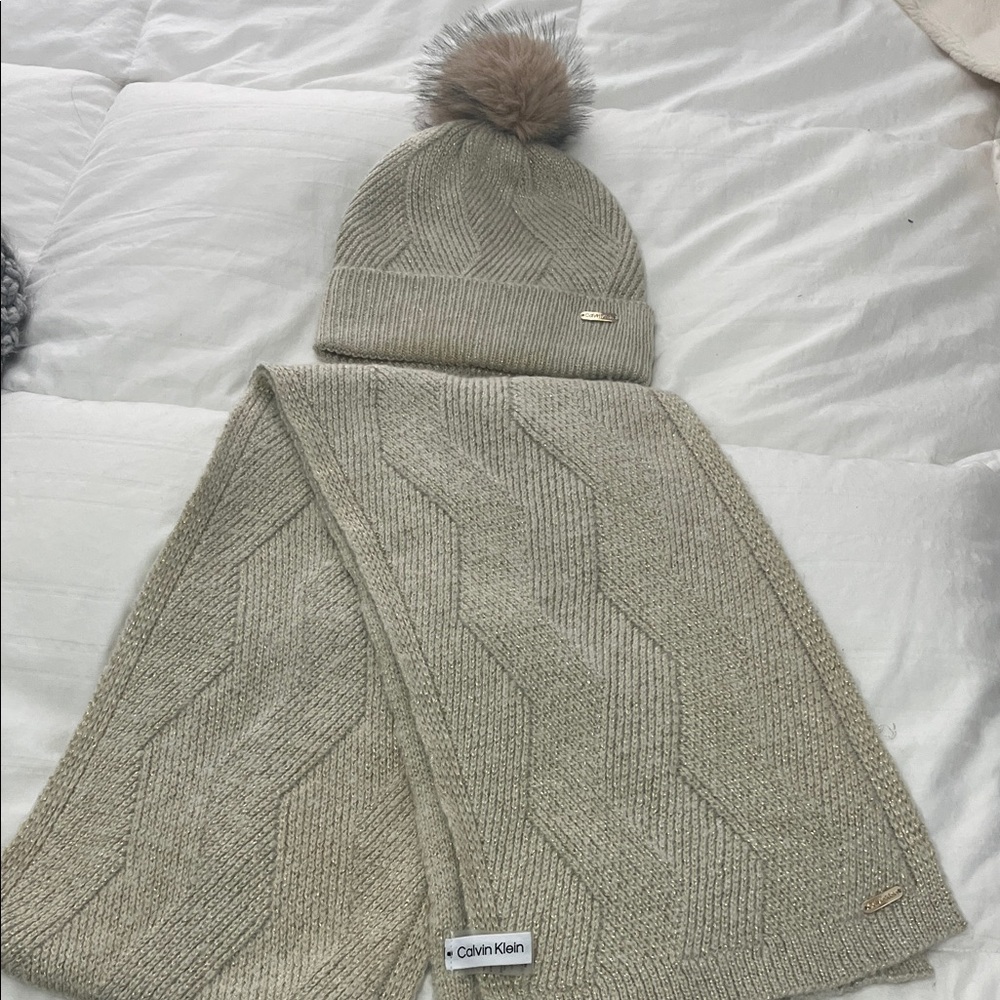 Calvin Klein Beige Knit Hat and Scarf Set